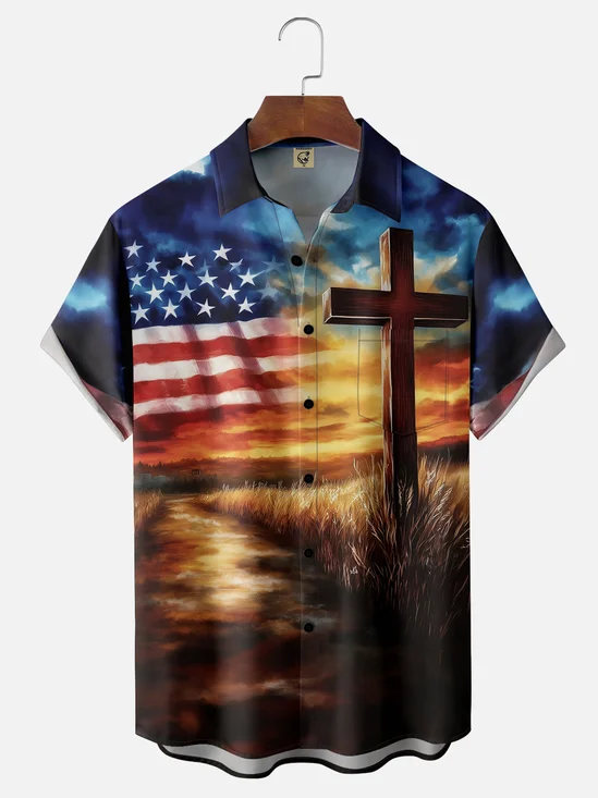 Moisture-wicking American Flag Cross Chest Pocket Casual Shirt