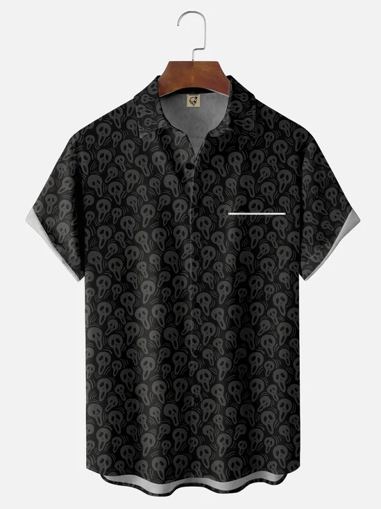 Moisture-wicking Young and Avant-garde Ghost Art Print Black Chest Pocket Casual Shirt