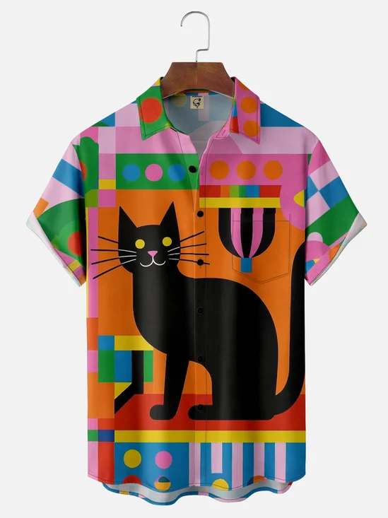 Moisture-wicking Art Geomatric Cat Chest Pocket Casual Shirt