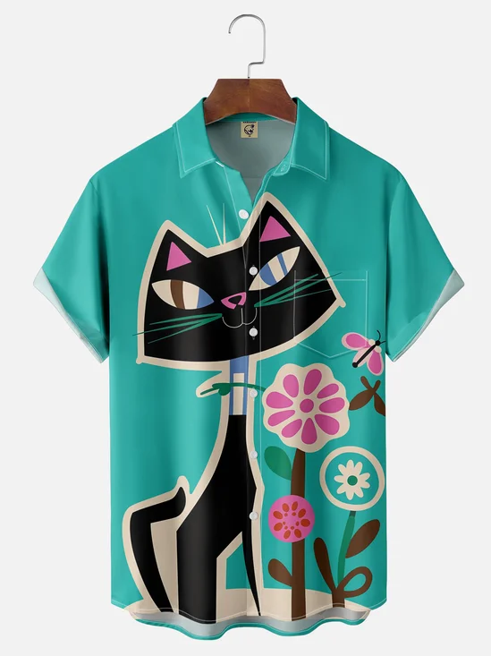 Moisture-wicking Floral Cat Chest Pocket Hawaiian Shirt