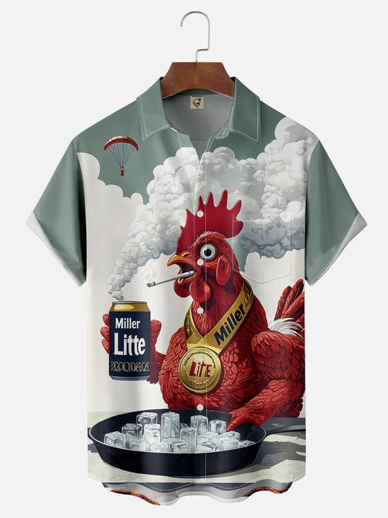 Moisture-wicking Beer Rooster Chest Pocket Hawaiian Shirt