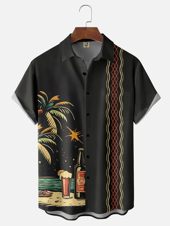 Moisture-wicking Palm Tree Beer Chest Pocket Bowling Shirt