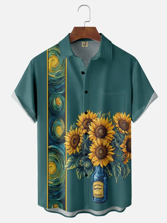 Moisture-wicking Sunflower Starry Night Chest Pocket Bowling Shirt
