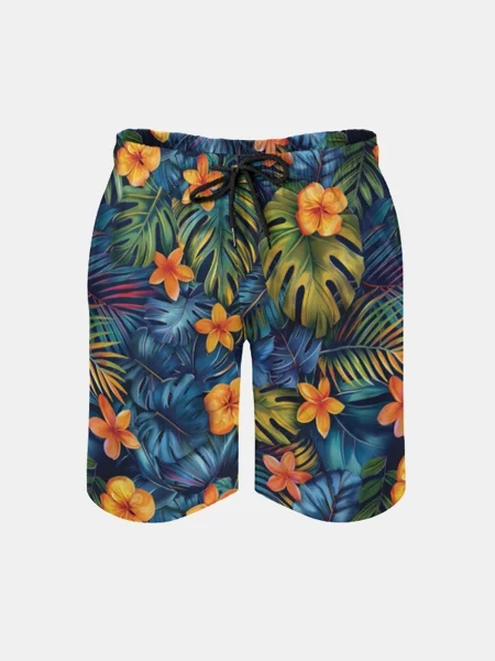 Men's Swim Trunks Hawaiian Tropical Floral Beach Shorts with Pockets