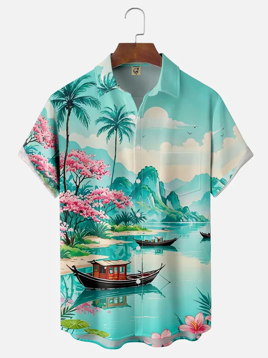 Moisture Wicking Coconut Tree Landscape Chest Pocket Hawaiian Shirt