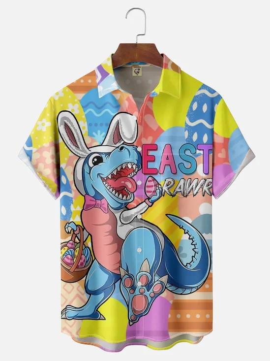 Moisture Wicking Easter Bunny Egg Dinosaur Chest Pocket Hawaiian Shirt