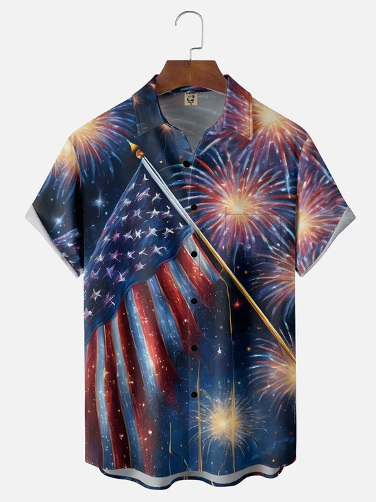 Moisture Wicking American Flag Fireworks Patriotic Chest Pocket Hawaiian Shirt