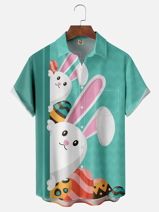 Moisture Wicking Easter Bunny Egg Landscape Chest Pocket Hawaiian Shirt