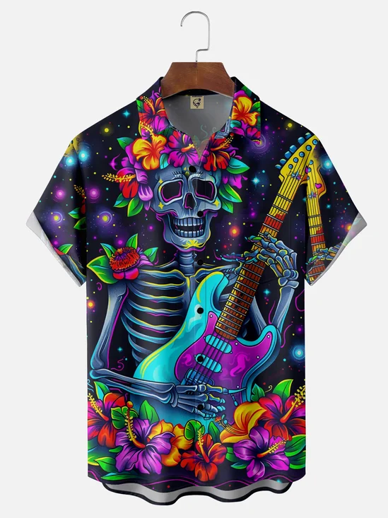 Moisture Wicking Day of the Dead Skull Guitar Chest Pocket Hawaiian Shirt