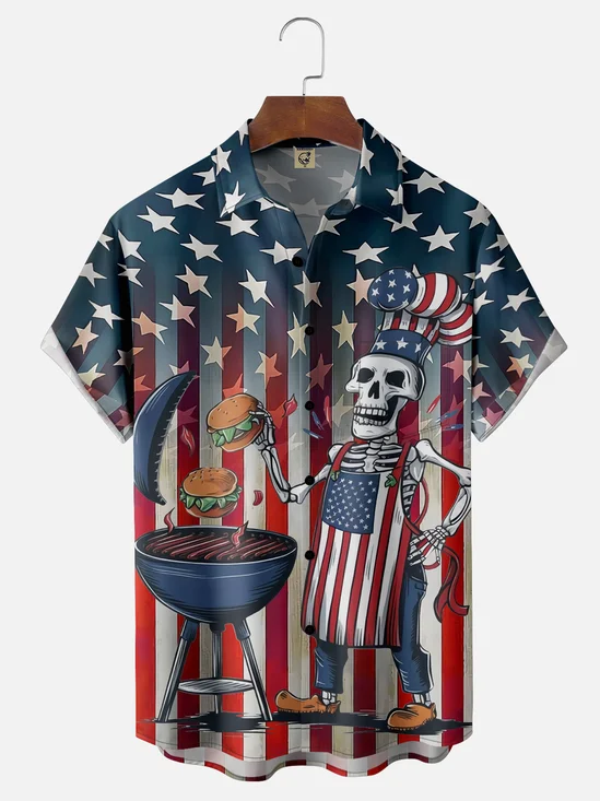 Moisture Wicking American Flag BBQ Party Skull Patriotic Chest Pocket Hawaiian Shirt