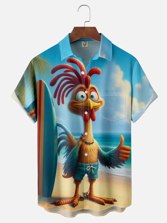 Moisture Wicking Funny Surfer Chicken Chest Pocket Hawaiian Shirt