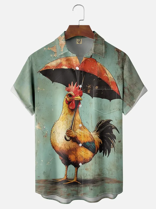 Moisture Wicking Umbrella Chicken Chest Pocket Hawaiian Shirt