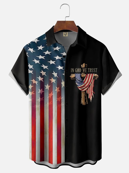 Moisture Wicking American Flag Cross IN GOD WE TRUST Patriotic Chest Pocket Hawaiian Shirt
