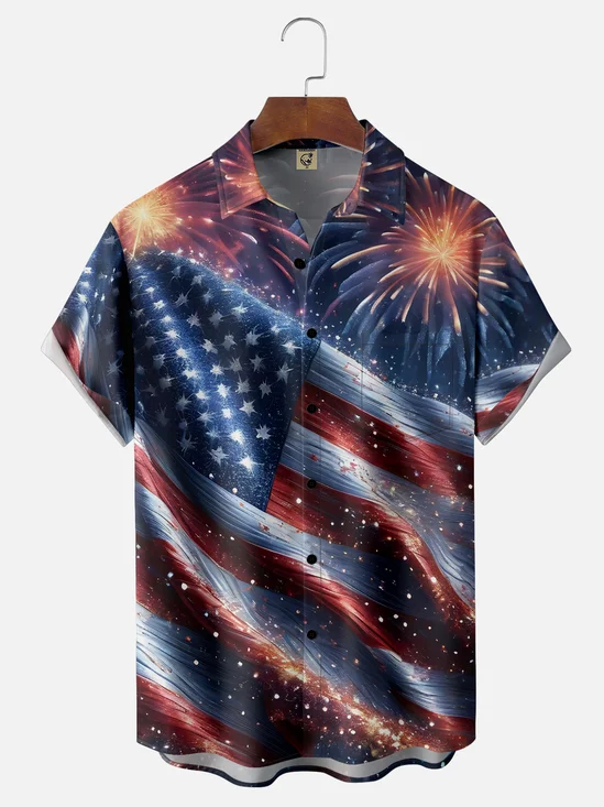 Moisture-wicking Avant-garde Fantasy American Flag Fireworks Chest Pocket Casual Shirt