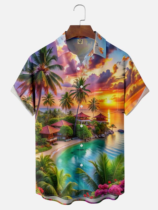 Moisture-wicking Beach Coconut Trees Sunset Chest Pocket Hawaiian Shirt