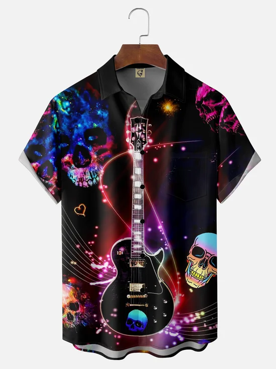 Moisture-wicking Music Guitar Skull Chest Pocket Casual Shirt