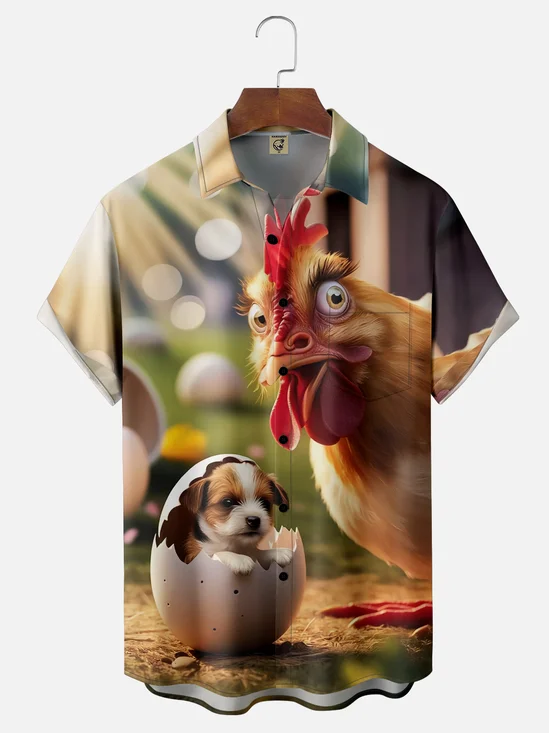 Moisture-wicking Funny Rooster "Surprise" Art Chest Pocket Hawaiian Shirt