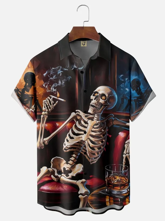 Moisture-wicking "Trouble" Skull Wine Fun Art Youth Chest Pocket Hawaiian Shirt