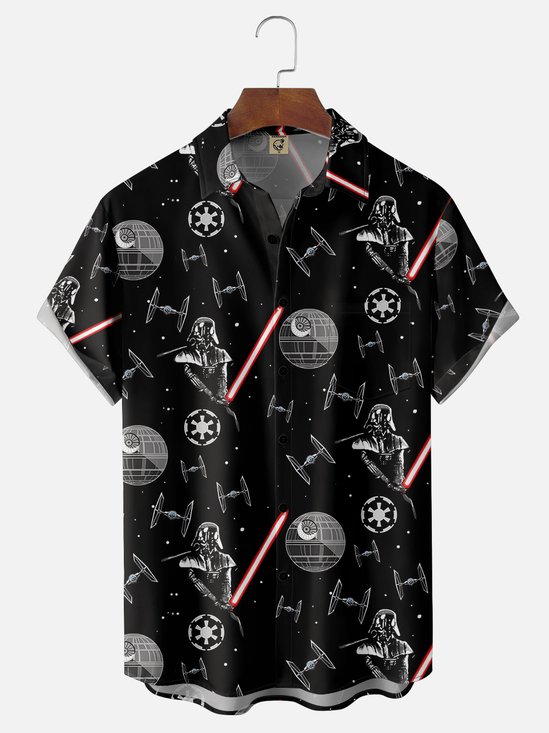 Moisture-wicking Stars Spaceship Universe Planet Chest Pocket Casual Shirt