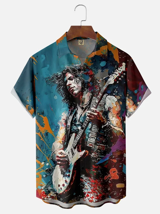 Moisture-wicking Rock Spirit Guitarist Art Painting Chest Pocket Casual Shirt