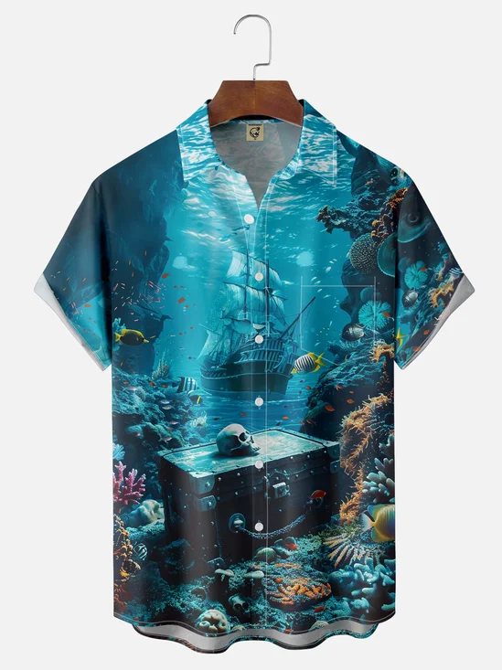 Moisture-wicking Pirate Ship Skeleton Treasure Chest Pocket Hawaiian Shirt