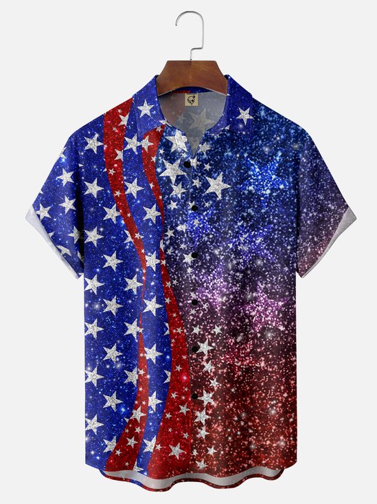Moisture-wicking Patriotic Flag Glimmer Gradient Color Chest Pocket Casual Shirt