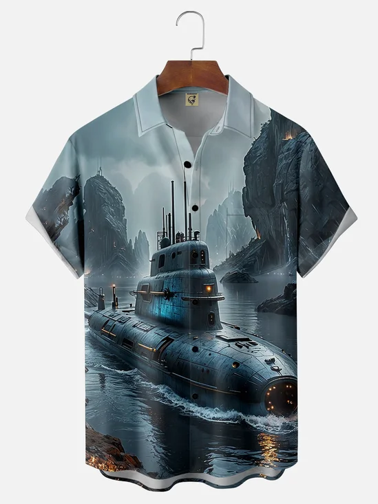 Moisture-wicking Memorial Day Navy Submarine Painting Chest Pocket Casual Shirt