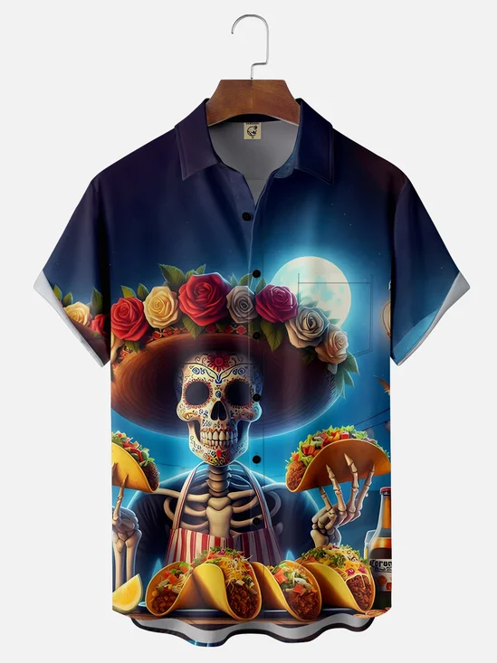 Moisture-wicking Cinco de Mayo Skull Burrito Chest Pocket Casual Shirt