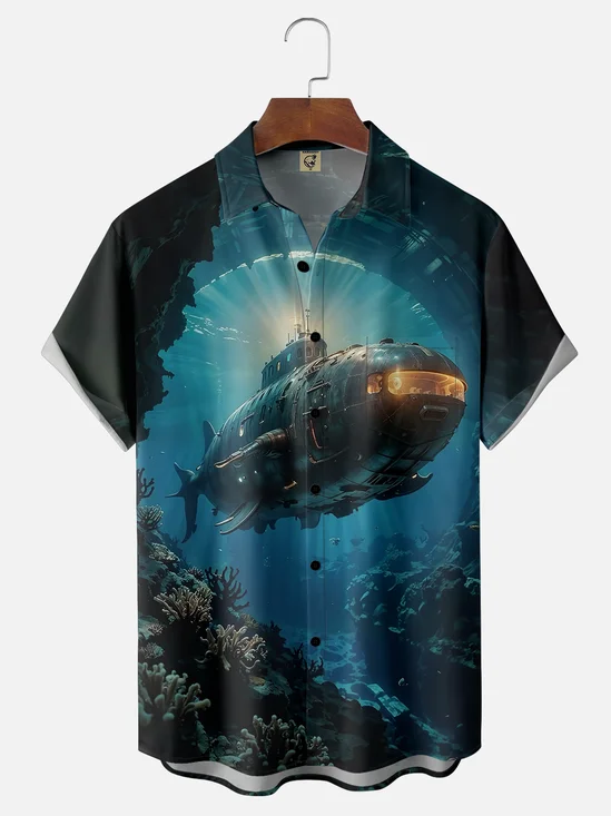 Moisture-wicking Memorial Day Navy Submarine Art Painting Chest Pocket Casual Shirt