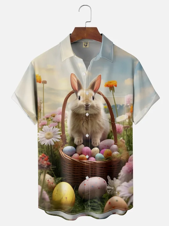 Moisture-wicking Easter Bunny Egg Chest Pocket Casual Shirt