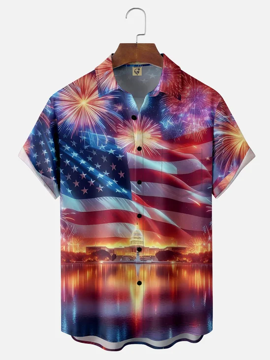 Moisture-wicking Patriotic Flag Fireworks Chest Pocket Casual Shirt