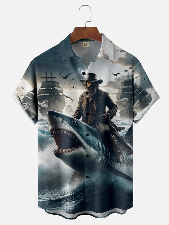 Moisture-wicking Wicked Shark Pirate Art Chest Pocket Casual Shirt