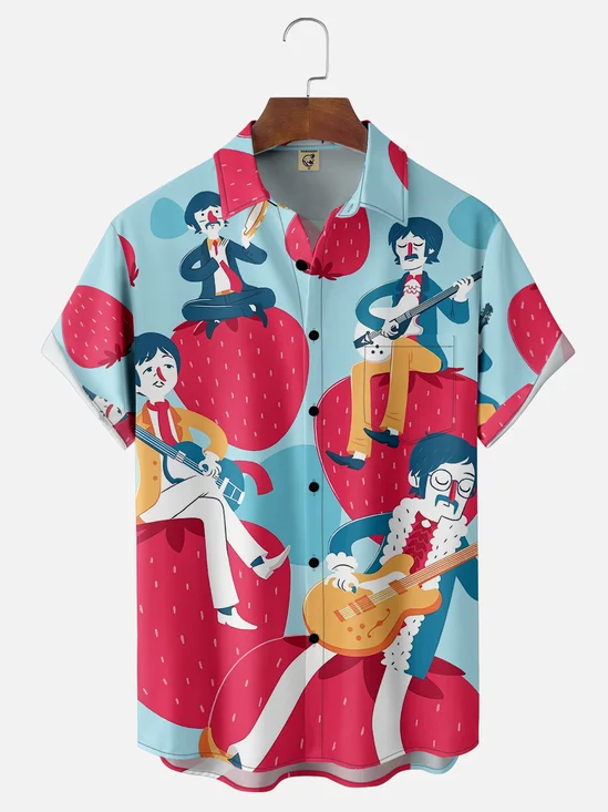 Moisture-wicking Hippie Art Painting Strawberry Chest Pocket Casual Shirt