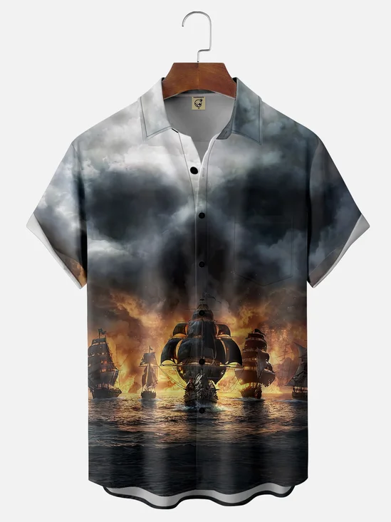 Moisture-wicking Evil Pirate Ship Avant-garde Skull Art Chest Pocket Casual Shirt