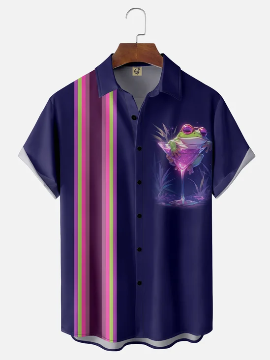 Moisture-wicking Breathable Frog Cocktail Chest Pocket Bowling Shirt