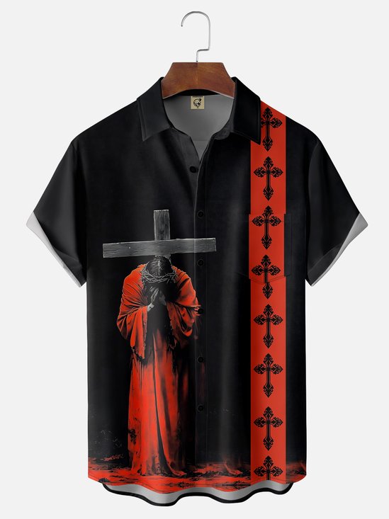 Moisture-wicking Easter Cross Jesus Prayer Chest Pocket Bowling Shirt