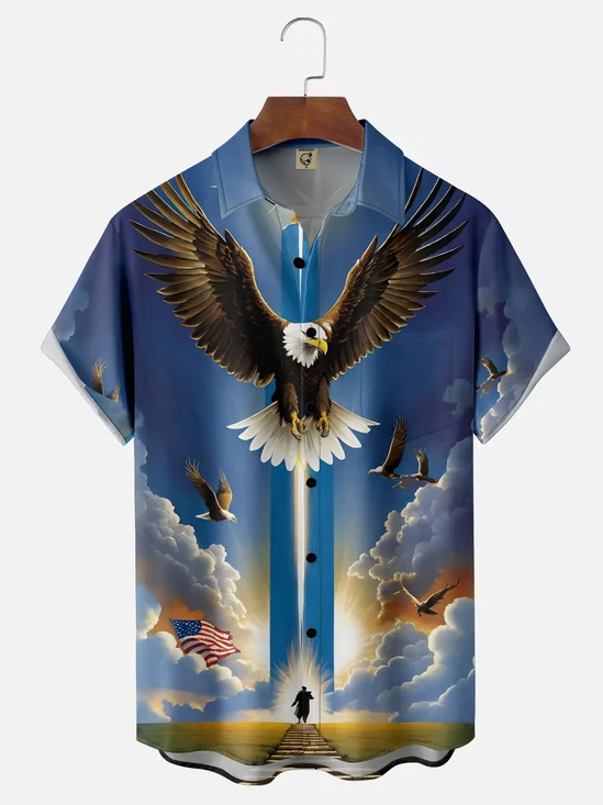 Moisture Wicking American Flag Eagle Chest Pocket Casual Hawaiian Shirt