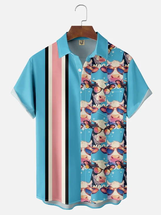 Moisture-wicking Cow Chest Pocket Bowling Shirt