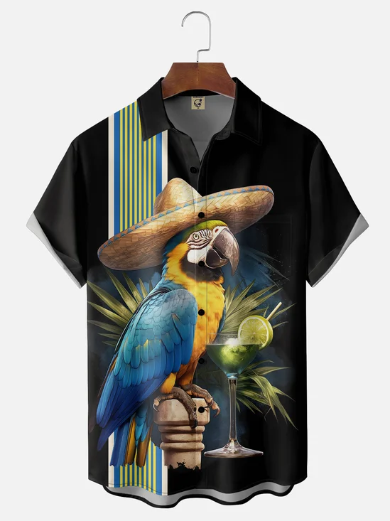 Moisture-wicking Breathable Parrot Cocktail Chest Pocket Bowling Shirt