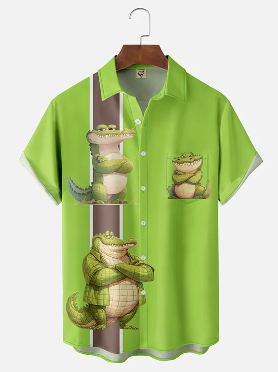 Moisture-wicking Crocodile Chest Pocket Bowling Shirt