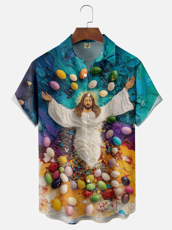 Moisture-wicking Easter Cross Jesus Egg Chest Pocket Casual Shirt