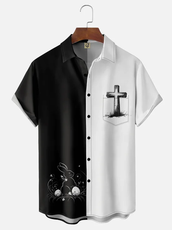 Moisture-wicking Easter Cross Egg Rabbit Chest Pocket Casual Shirt