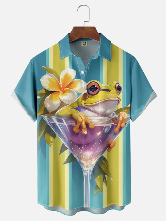 Moisture-wicking Floral Frog Chest Pocket Bowling Shirt