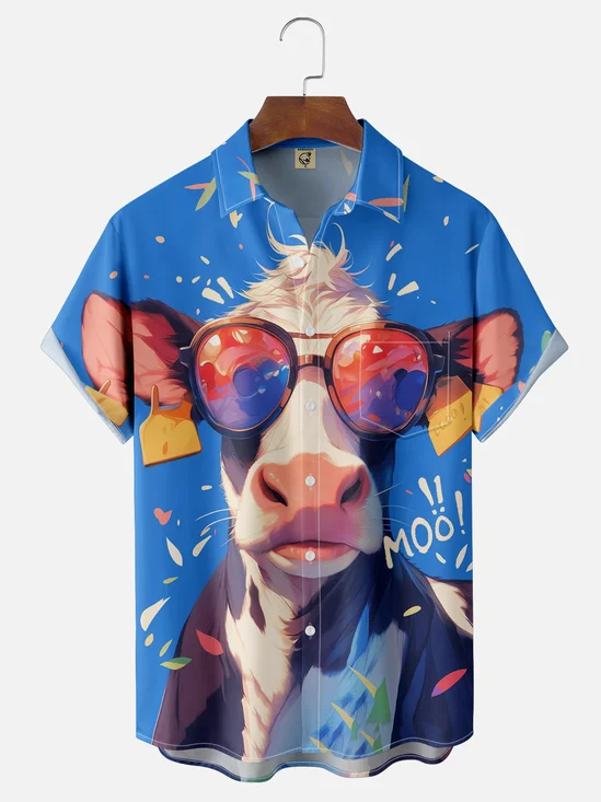 Moisture-wicking Fancy Cow Chest Pocket Hawaiian Shirt