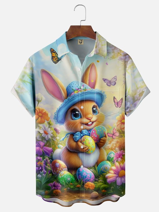 Moisture-wicking Easter Bunny Eggs Chest Pocket Casual Shirt