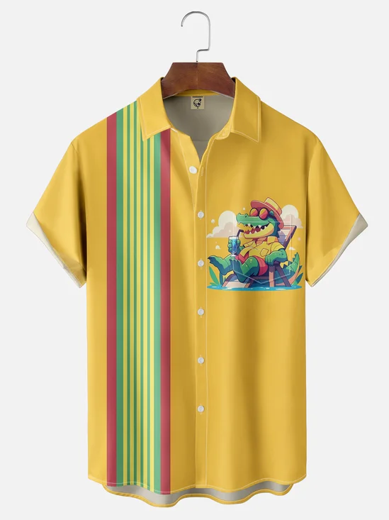 Moisture-wicking Crocodile on Vacation Chest Pocket Bowling Shirt