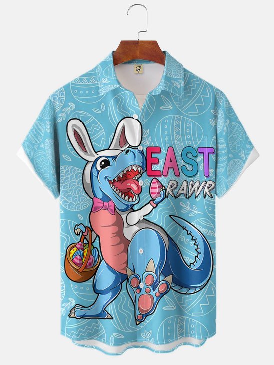 Moisture-wicking Happy Easter Dinosaur Egg Blue Chest Pocket Casual Shirt