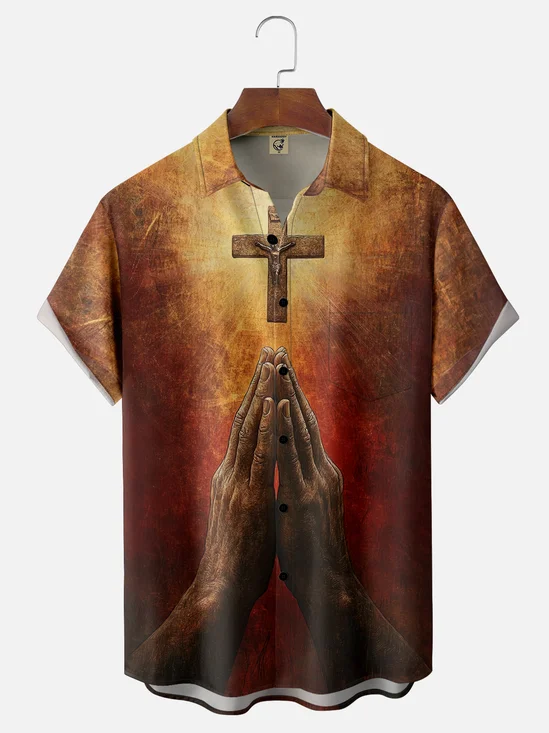 Moisture Wicking Cross God Bless You Chest Pocket Hawaiian Shirt