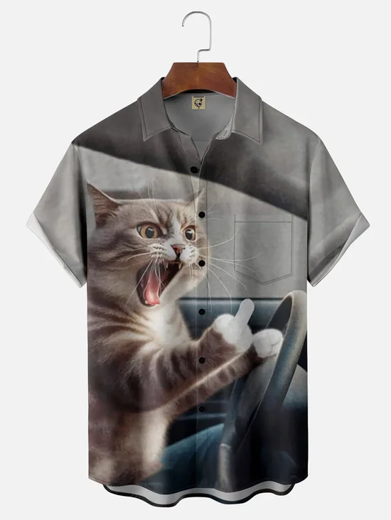 Tall Size Moisture-wicking Cat Driver Chest Pocket Casual Shirt