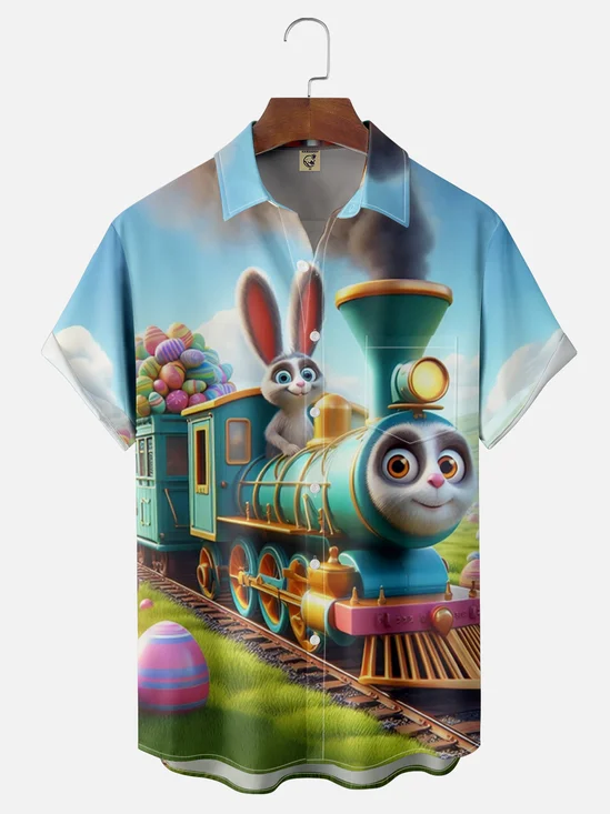 Moisture Wicking Easter Egg Bunny Train Chest Pocket Hawaiian Shirt